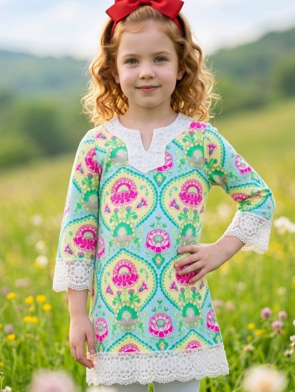 Peaches N Cream Girls Floral Dress Crochet Lace Trim Boho 3/4 Sleeve NWOT Size 8